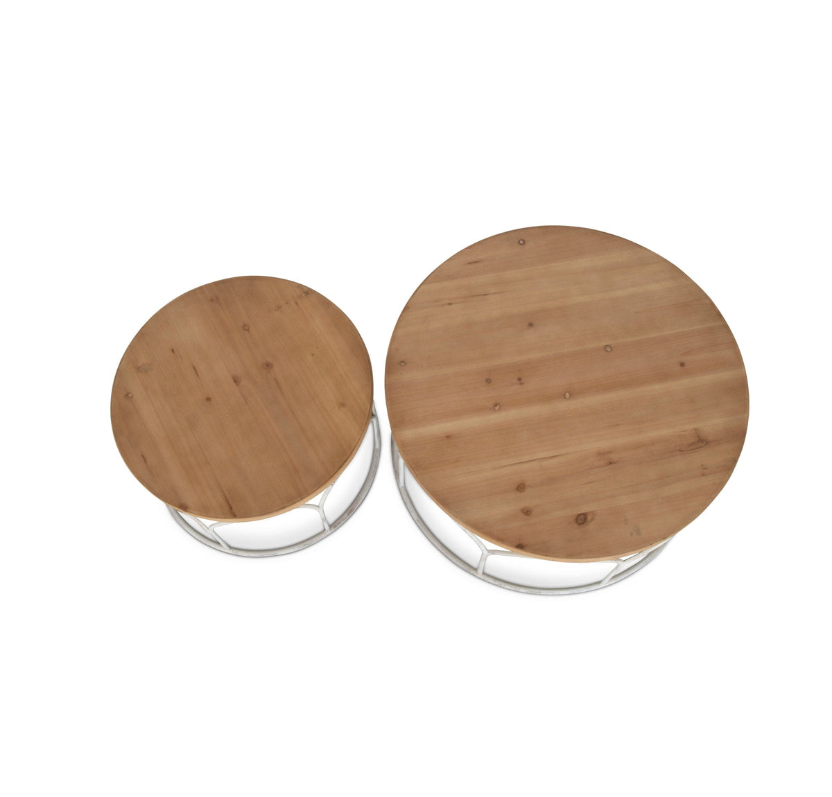 Set of two round wood and metal accent tables
