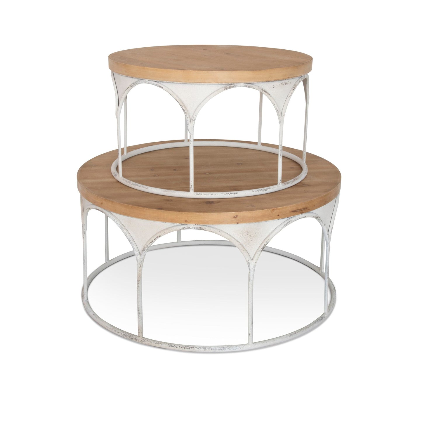 Set of 2 round wood and metal accent tables