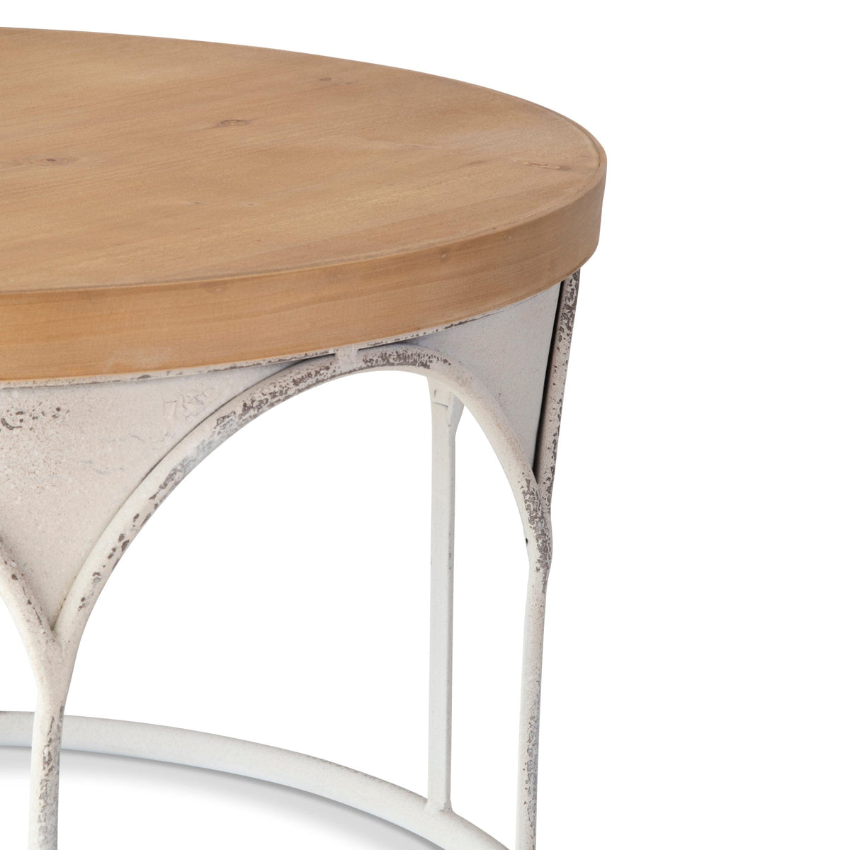 Round wood top coffee table with white metal base