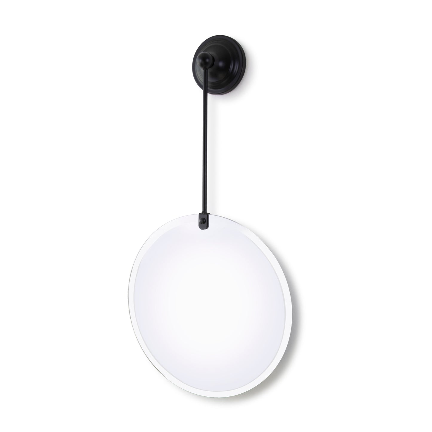 Round mirror with black cord and wall mount.