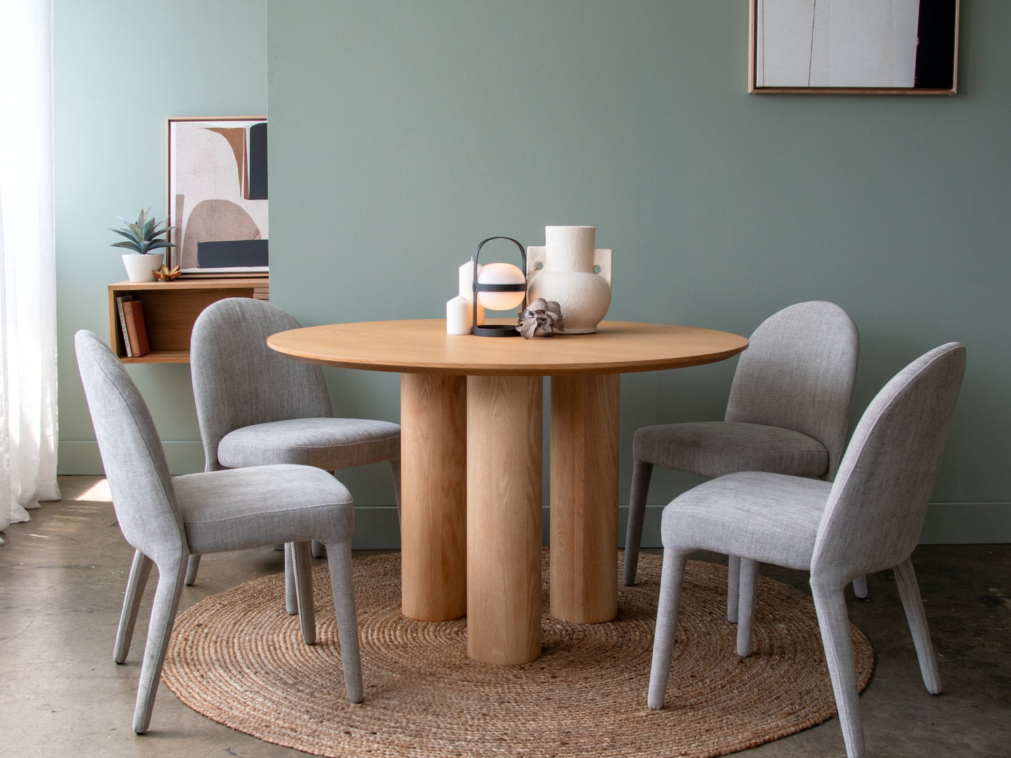 Wyatt Fossil round dining table with chairs