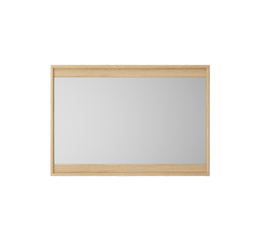 Rectangular mirror with a light wood frame.
