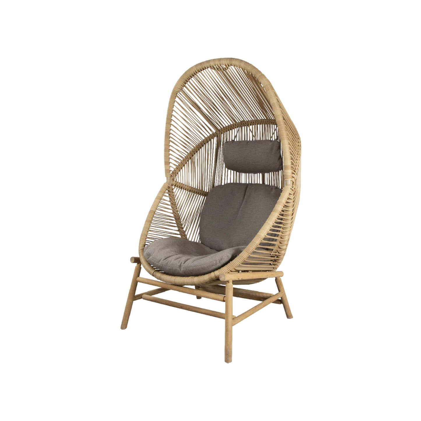 Wicker cocoon chair with grey cushions