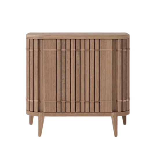 Wooden cabinet with vertical slats.