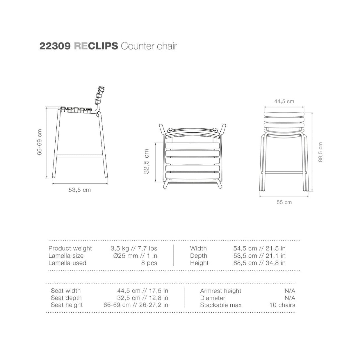 RECLIPS counter chair dimensions and specifications
