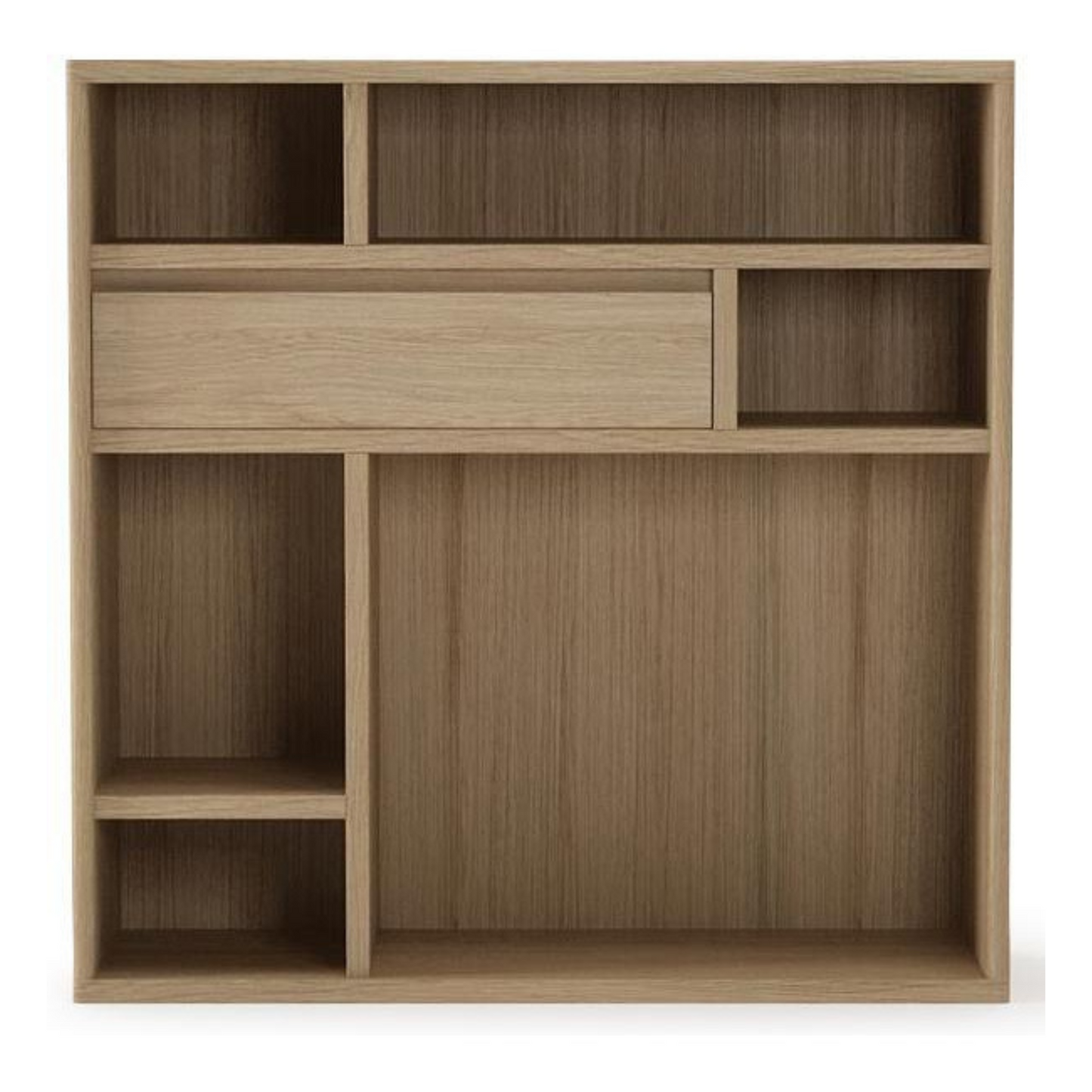 Wooden wall-mounted shelf with various compartments.