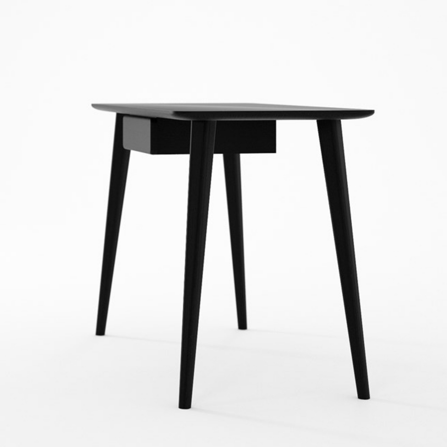 Black desk with drawer and four legs.