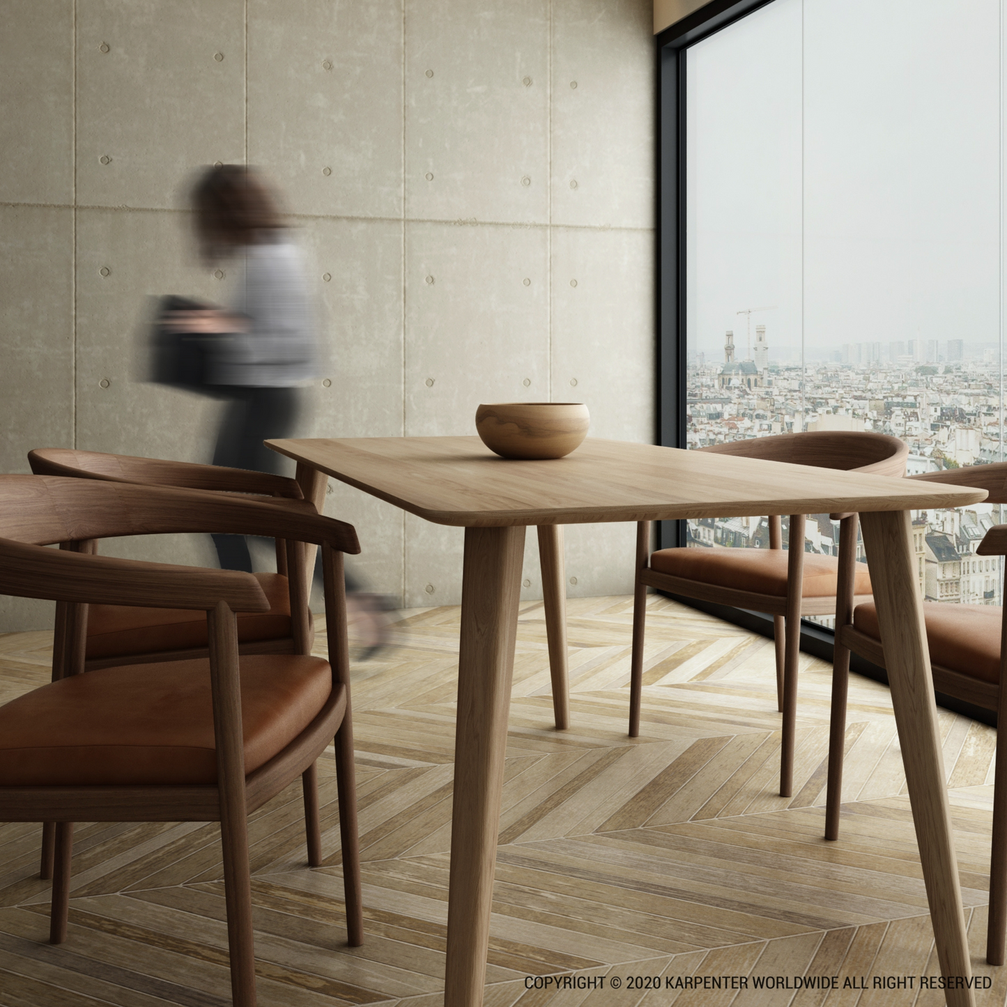 Modern dining room with wooden table and chairs, person walking past.
