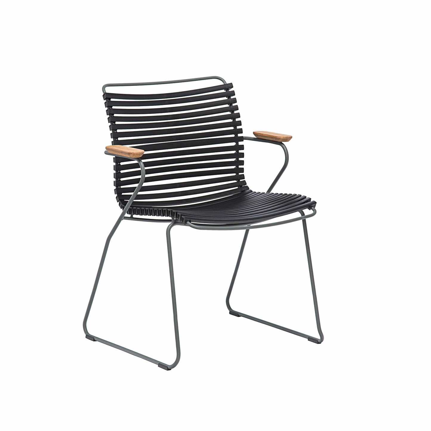 Black dining chair with wood armrests