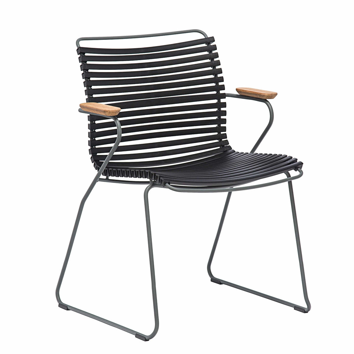 Black dining chair with wood armrests
