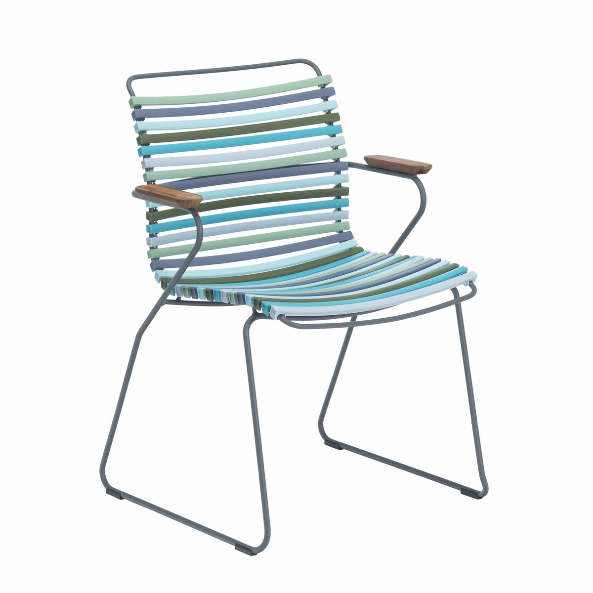 Multicolor striped dining chair with wood armrests.