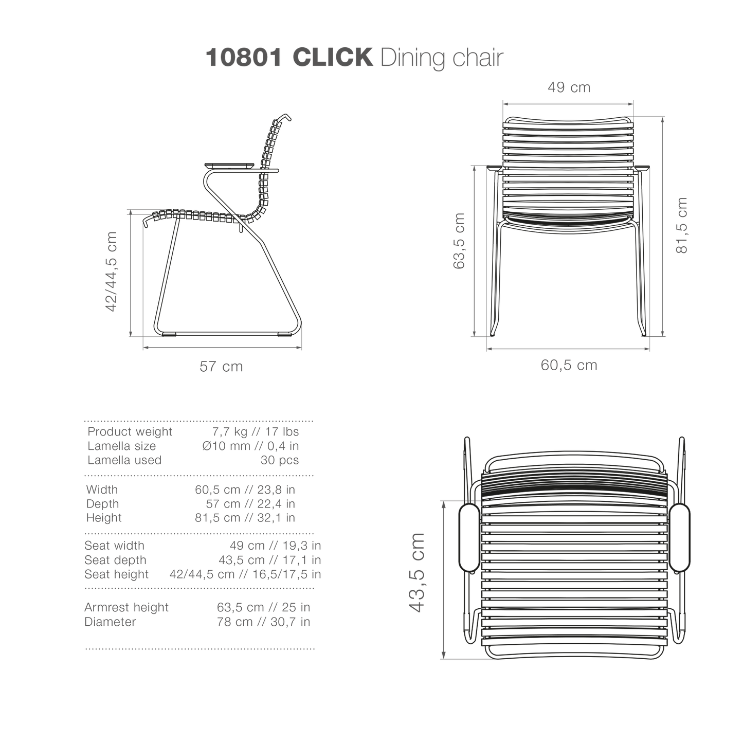 Dining chair diagram with dimensions