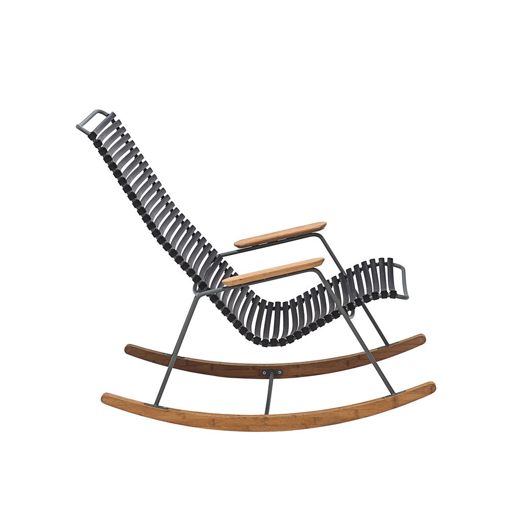 Modern rocking chair with black seat and wooden arms.