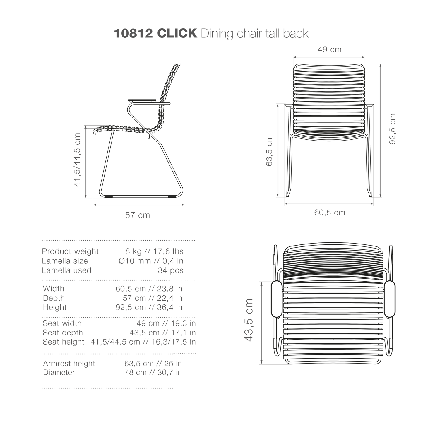 CLICK Dining chair tall back dimensions and specifications.