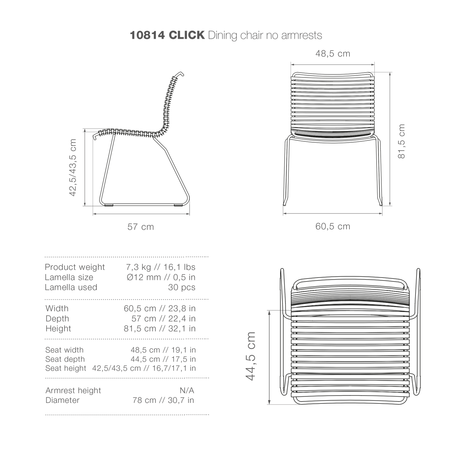 Dining chair without armrests