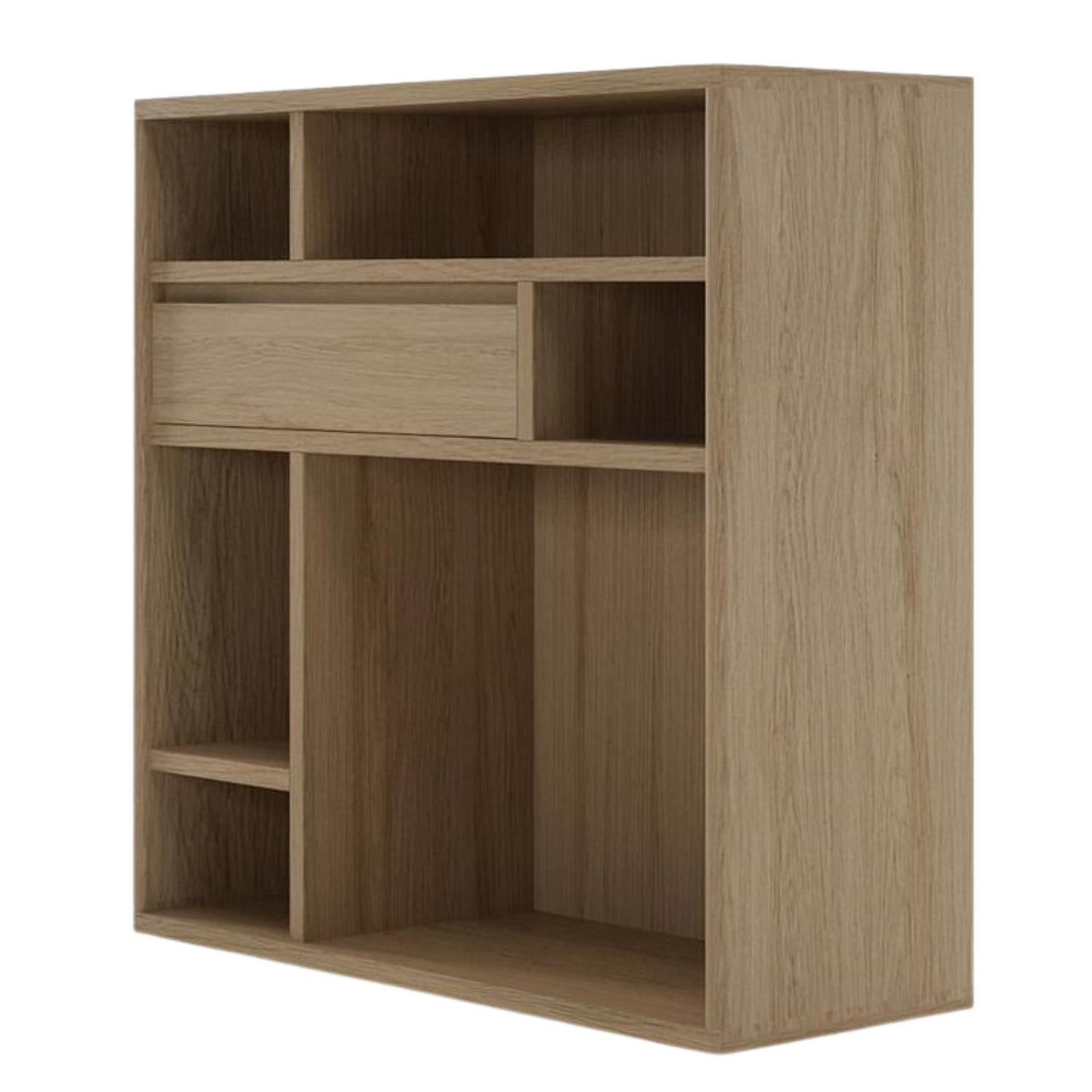 Wooden wall-mounted storage unit with shelves and a drawer.