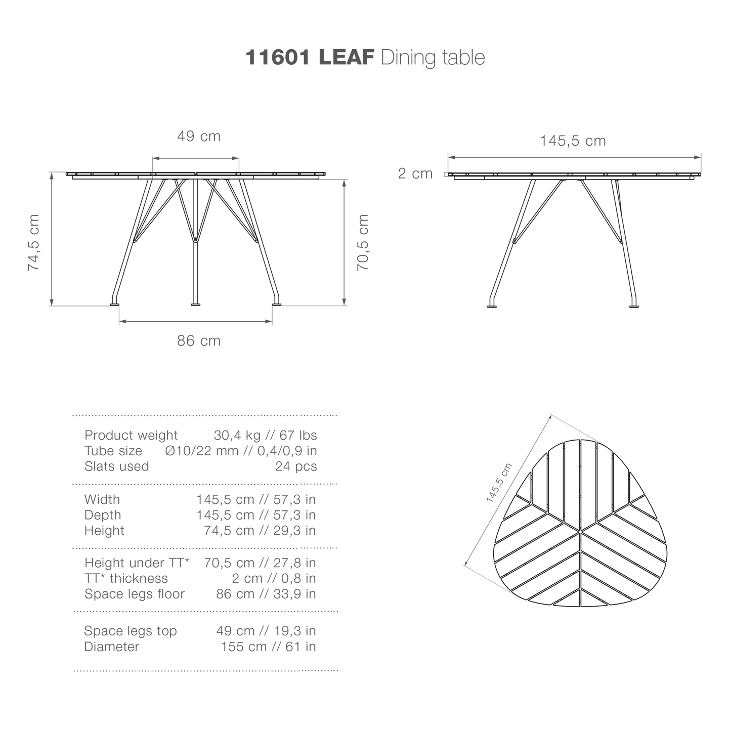 LEAF dining table dimensions 145.5x145.5 high-res