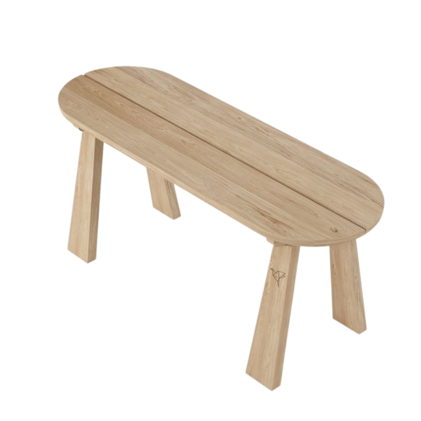 Wooden bench with oval seat and angled legs.