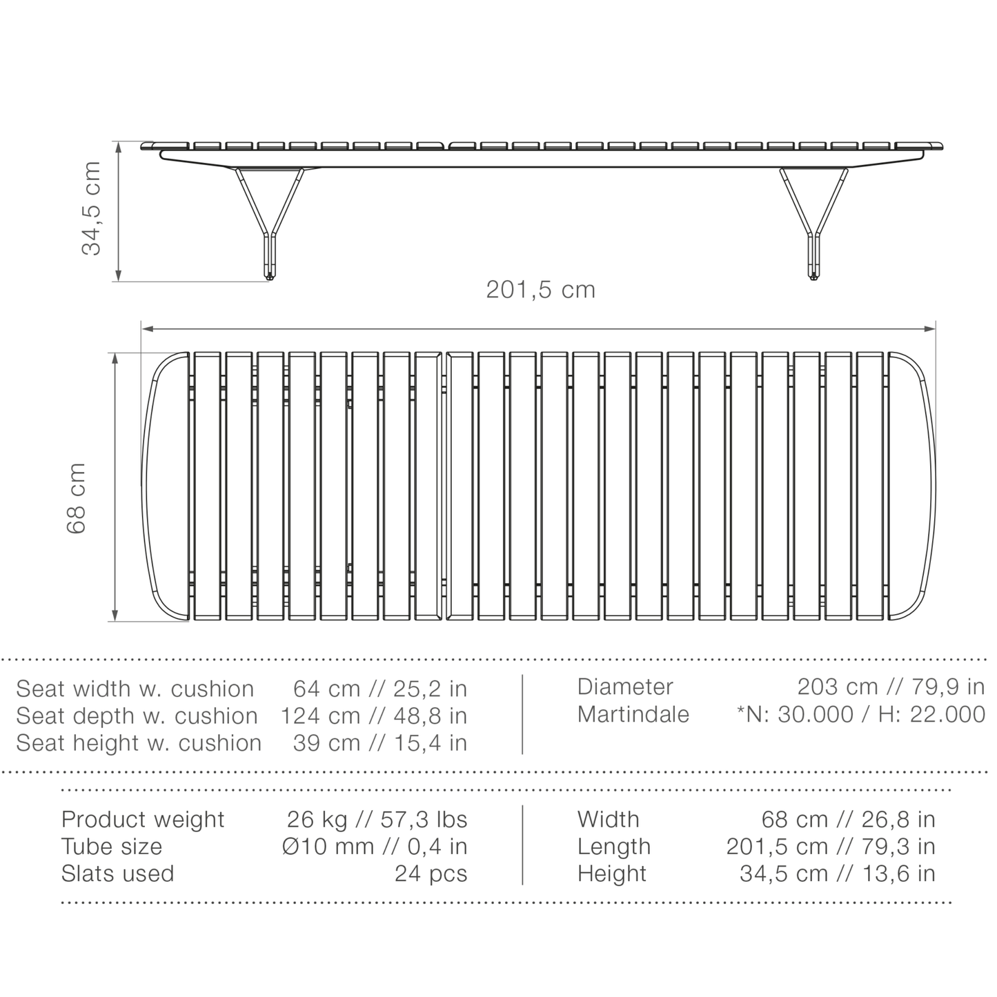 201.5cm length, 68cm width, 34.5cm height.