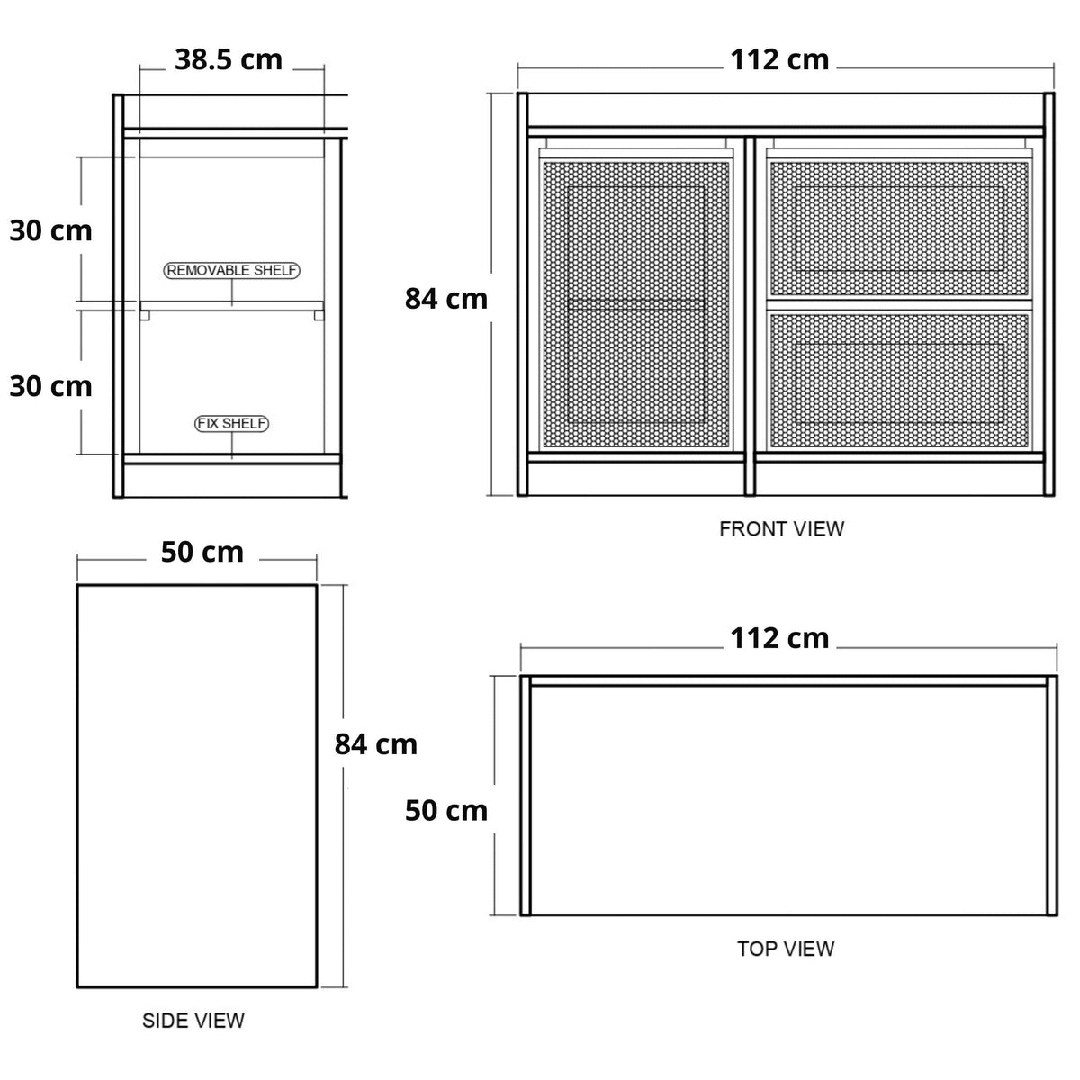 Diagram of a cabinet with dimensions and views.