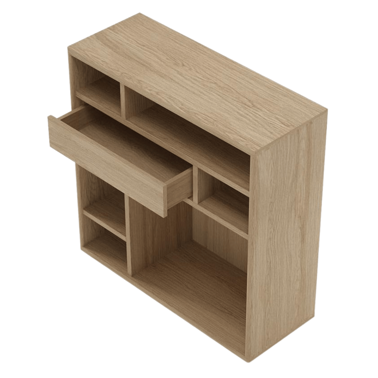 Wooden desk organizer with open drawer and shelves.