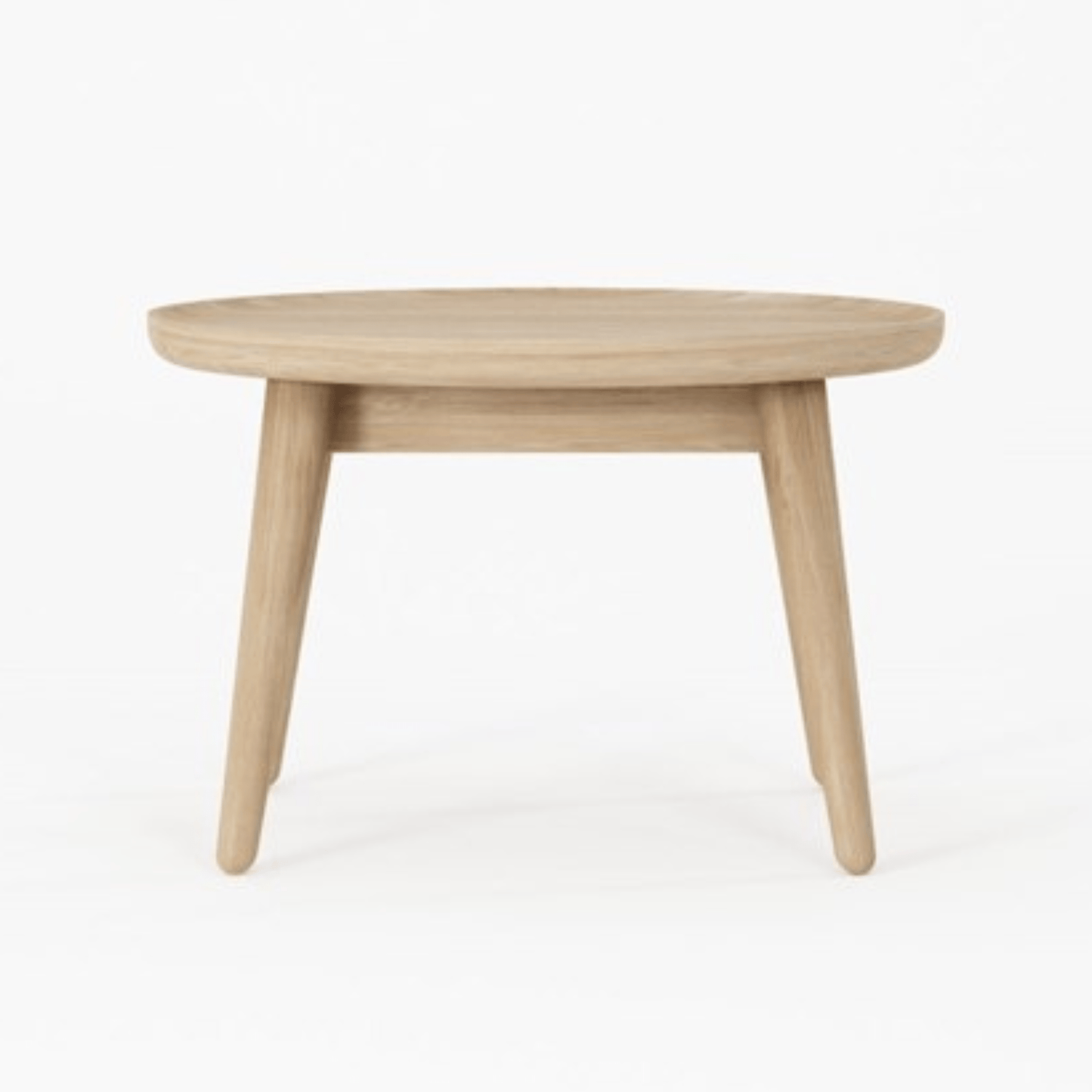 Small, round, wooden side table.