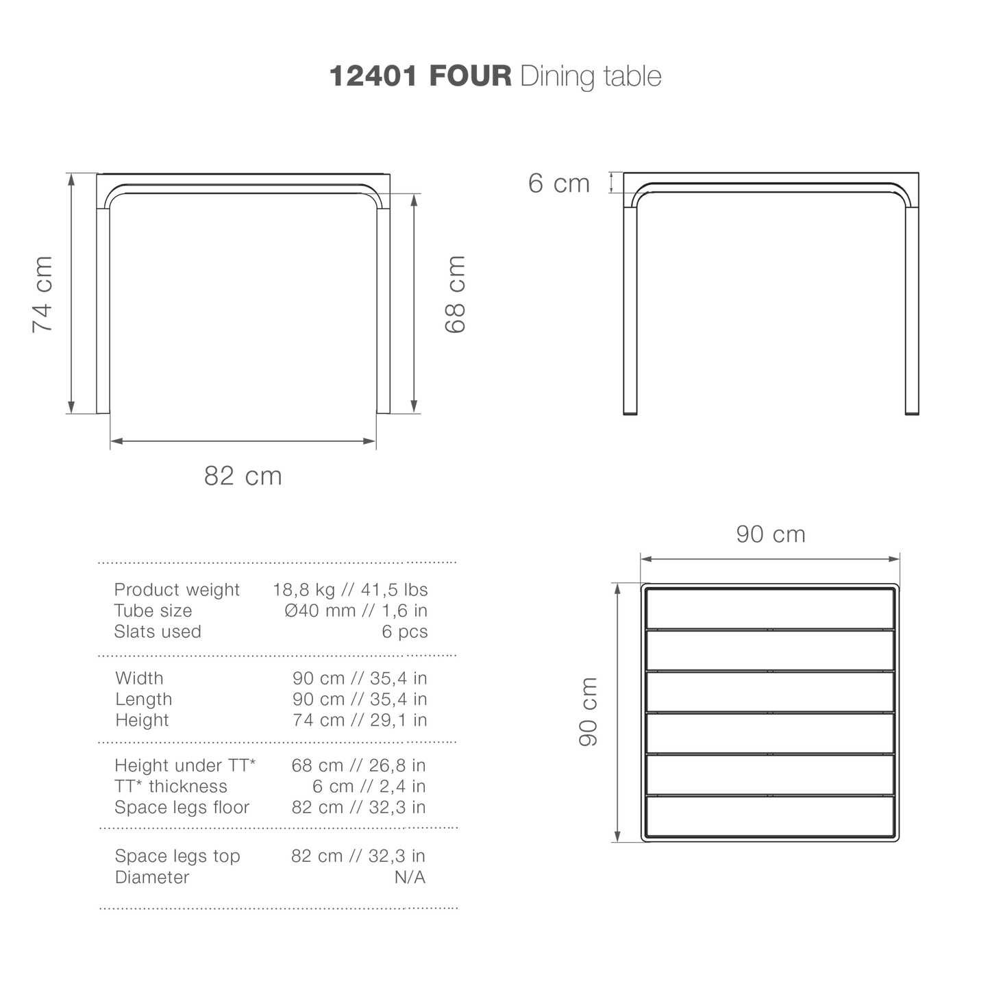 FOUR Dining Table 90x90 - Product Diagram