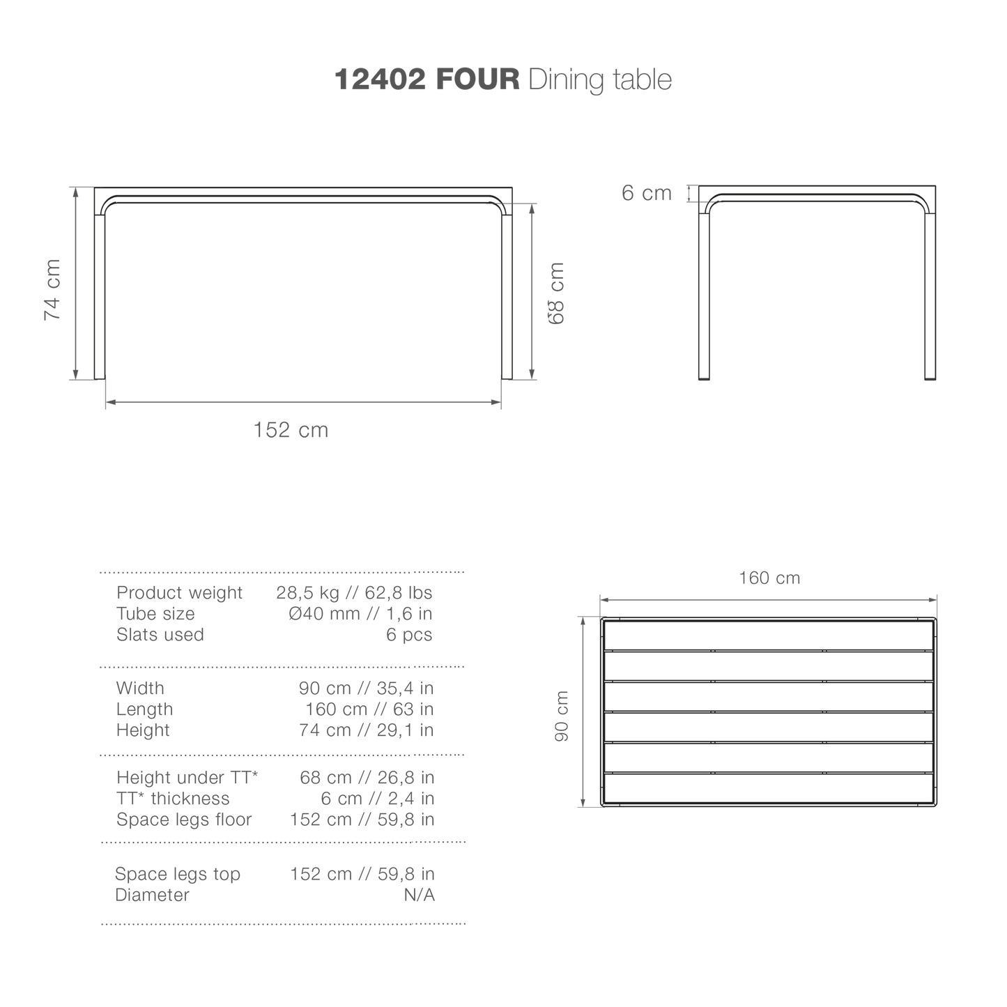 Four-person dining table 90x160