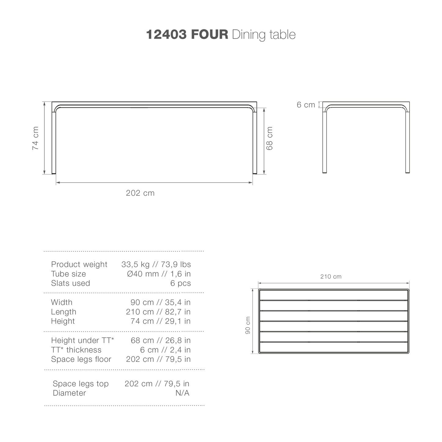 12403 FOUR Dining Table schematic 90x210cm