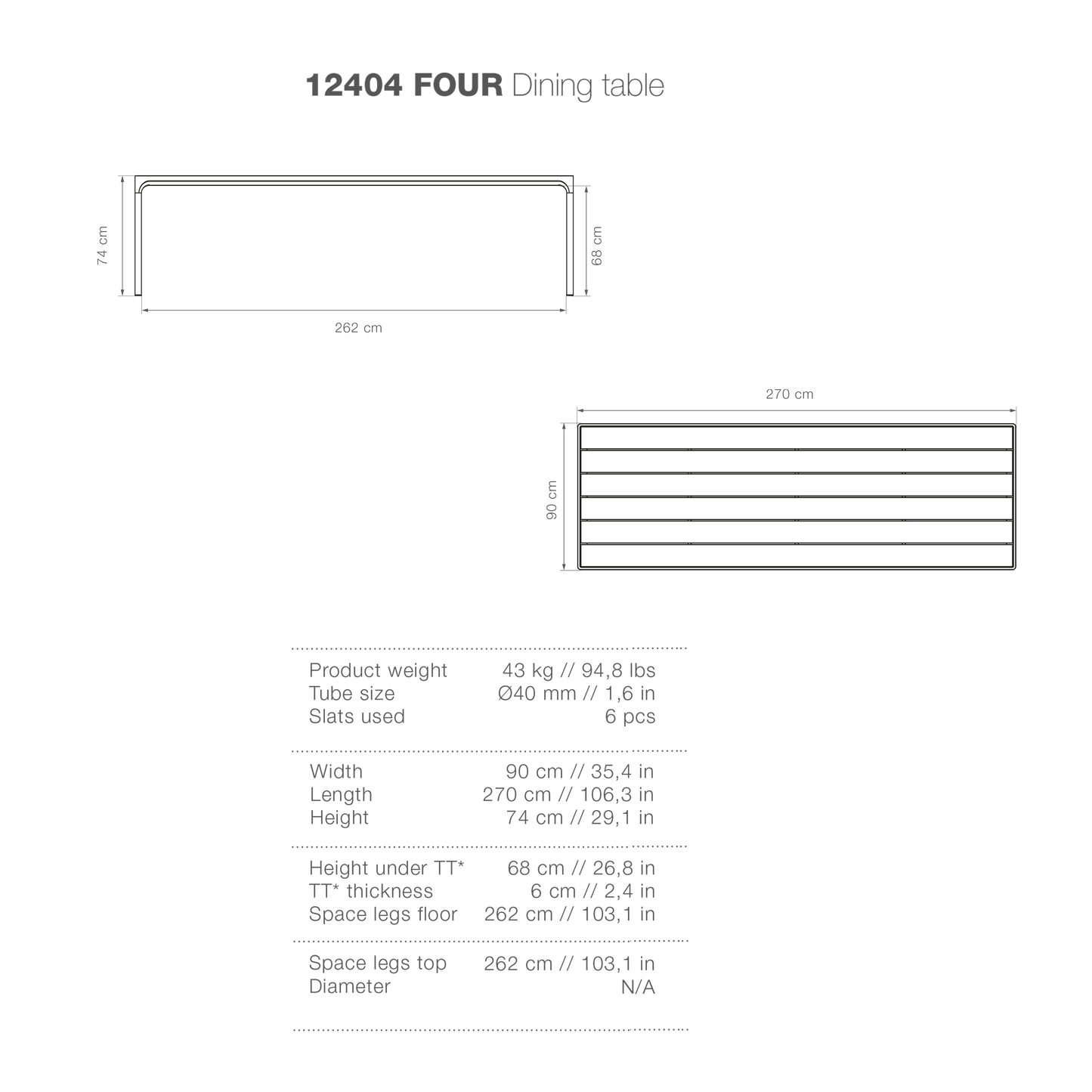 Dining table diagram 90x270, specifications and dimensions