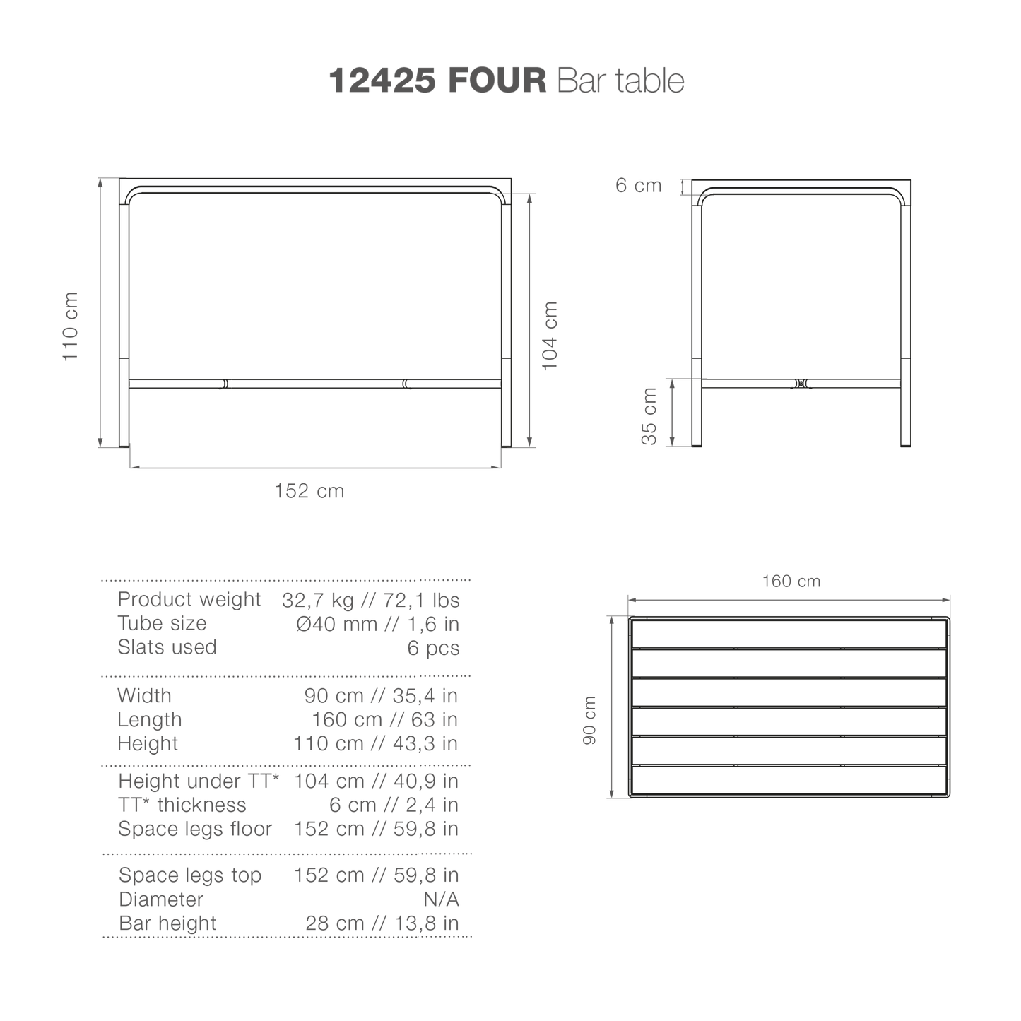 Four-person bar table, 90x160, high-resolution image.