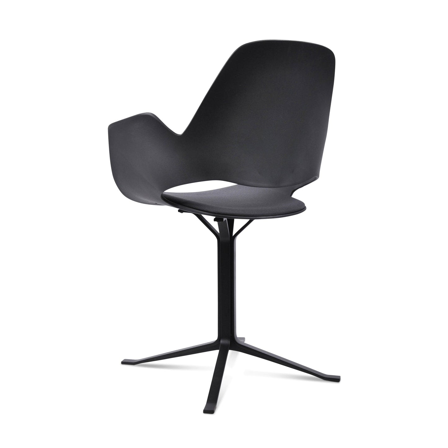 Black modern chair with swivel base.