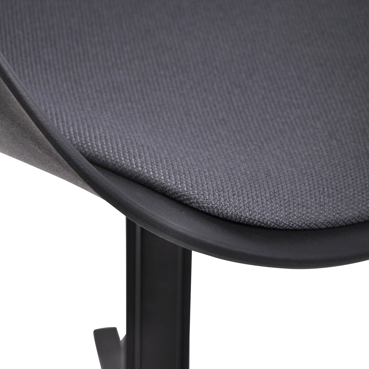 Close-up of a gray upholstered chair seat and black frame.
