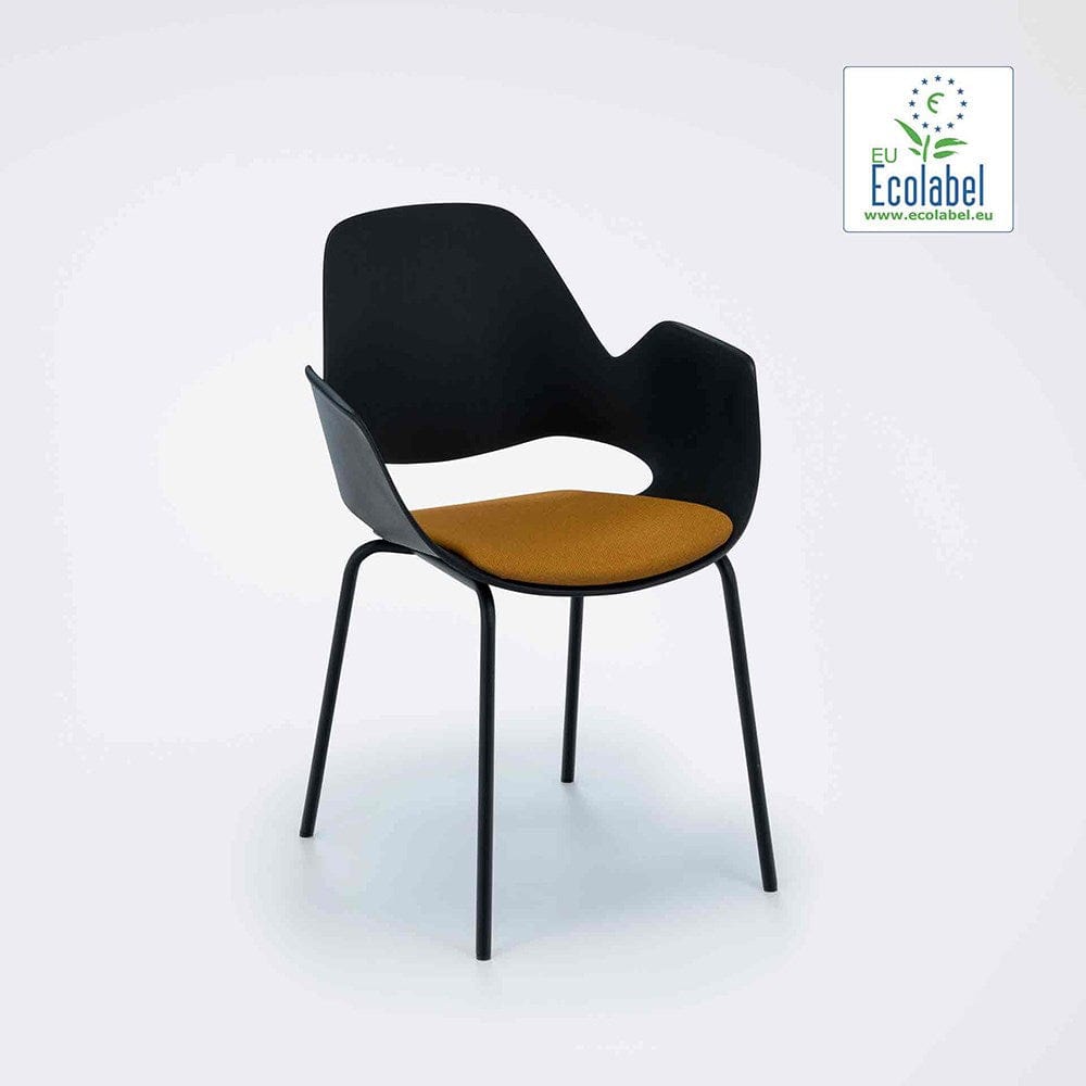 Black chair with yellow seat and Ecolabel.