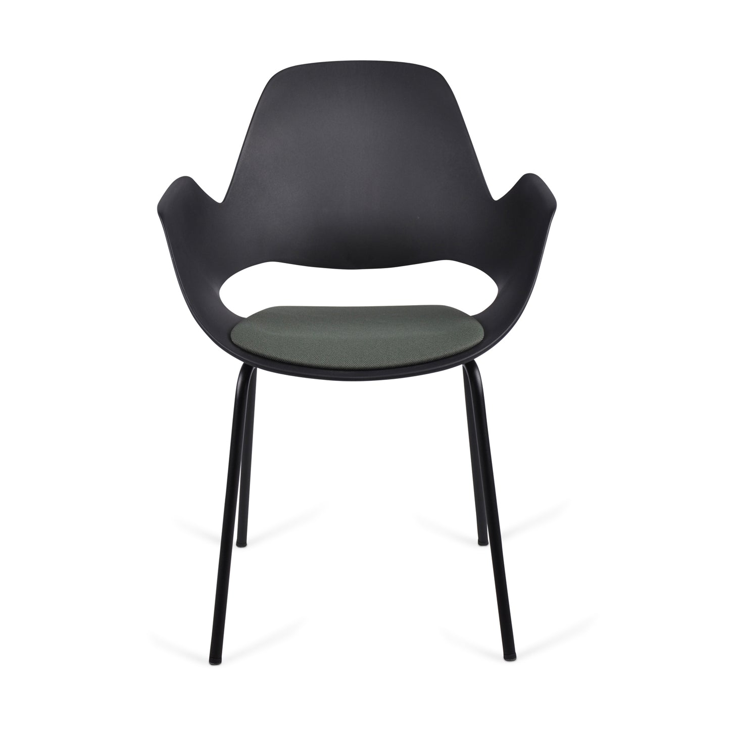 Black modern chair with grey cushion.