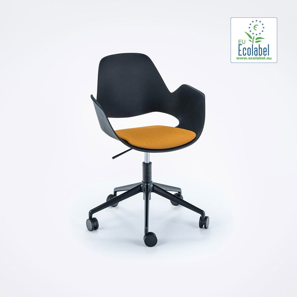 Black office chair with orange seat and wheels.