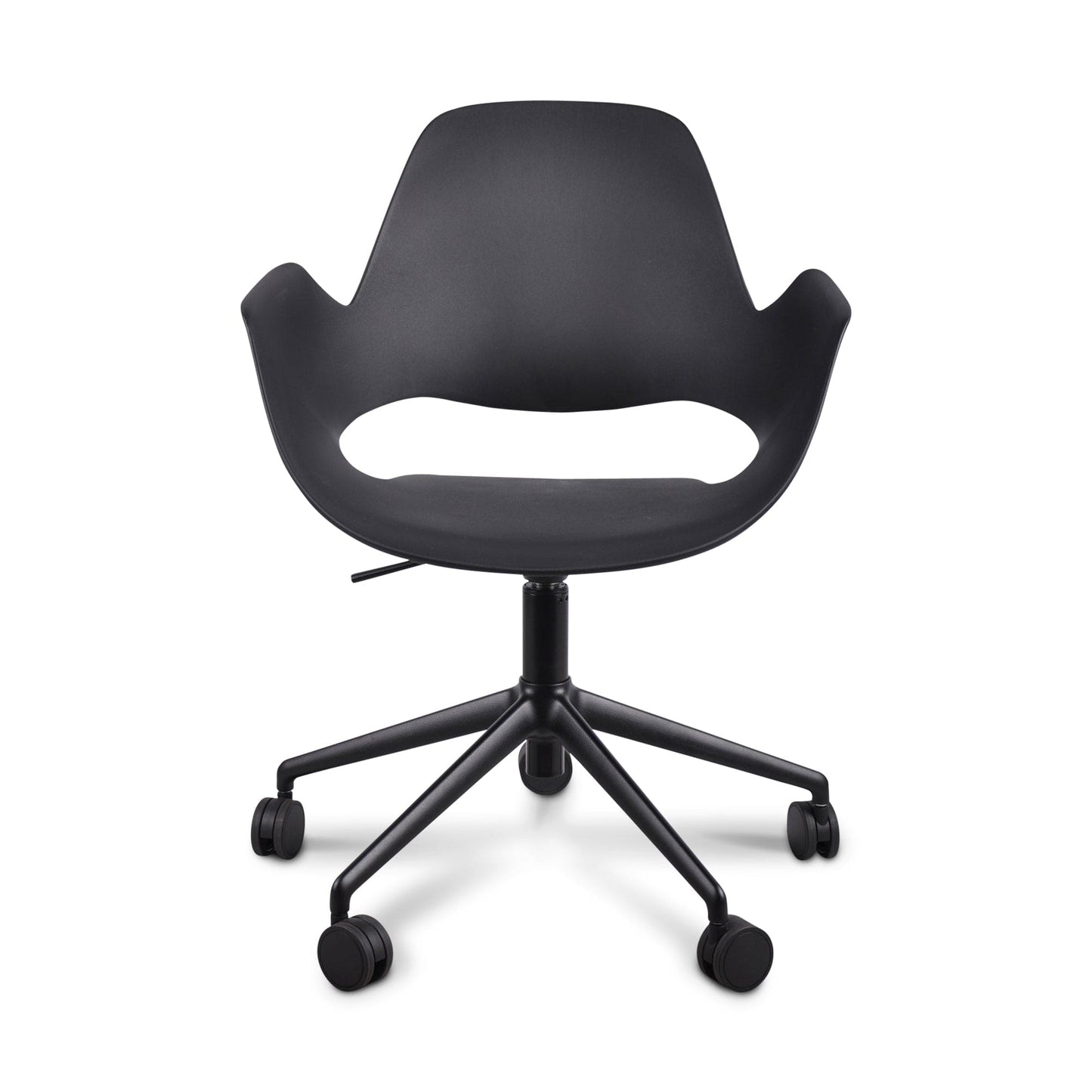 Black office chair with wheels.