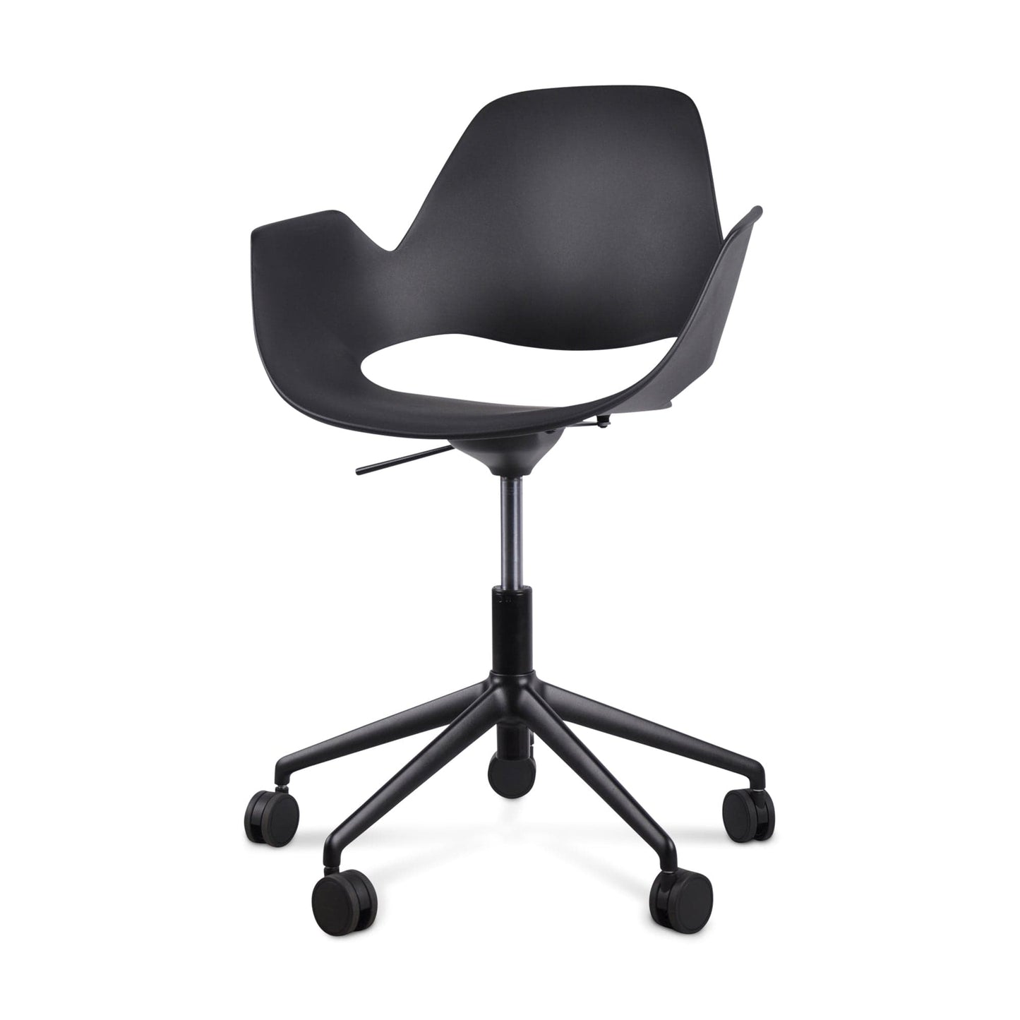 Black office chair with wheels.