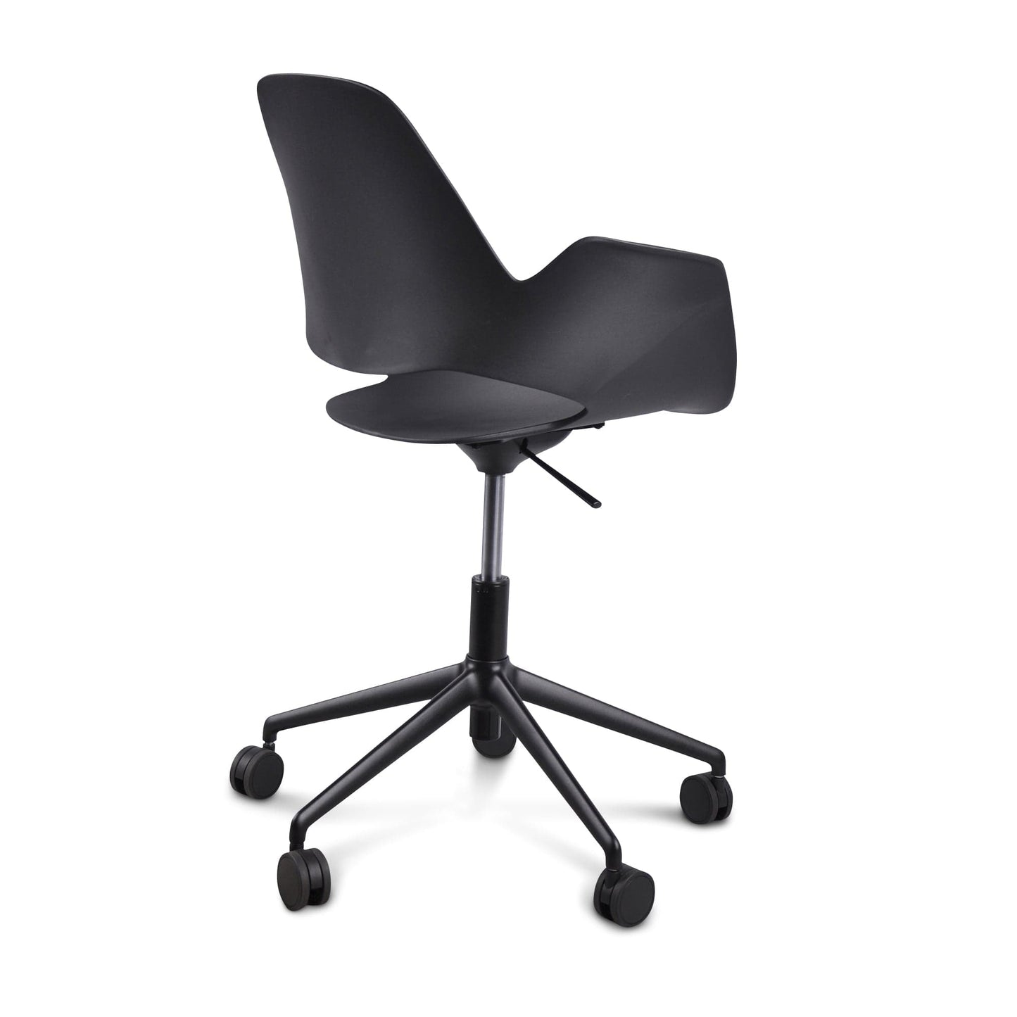 Black office chair with wheels.