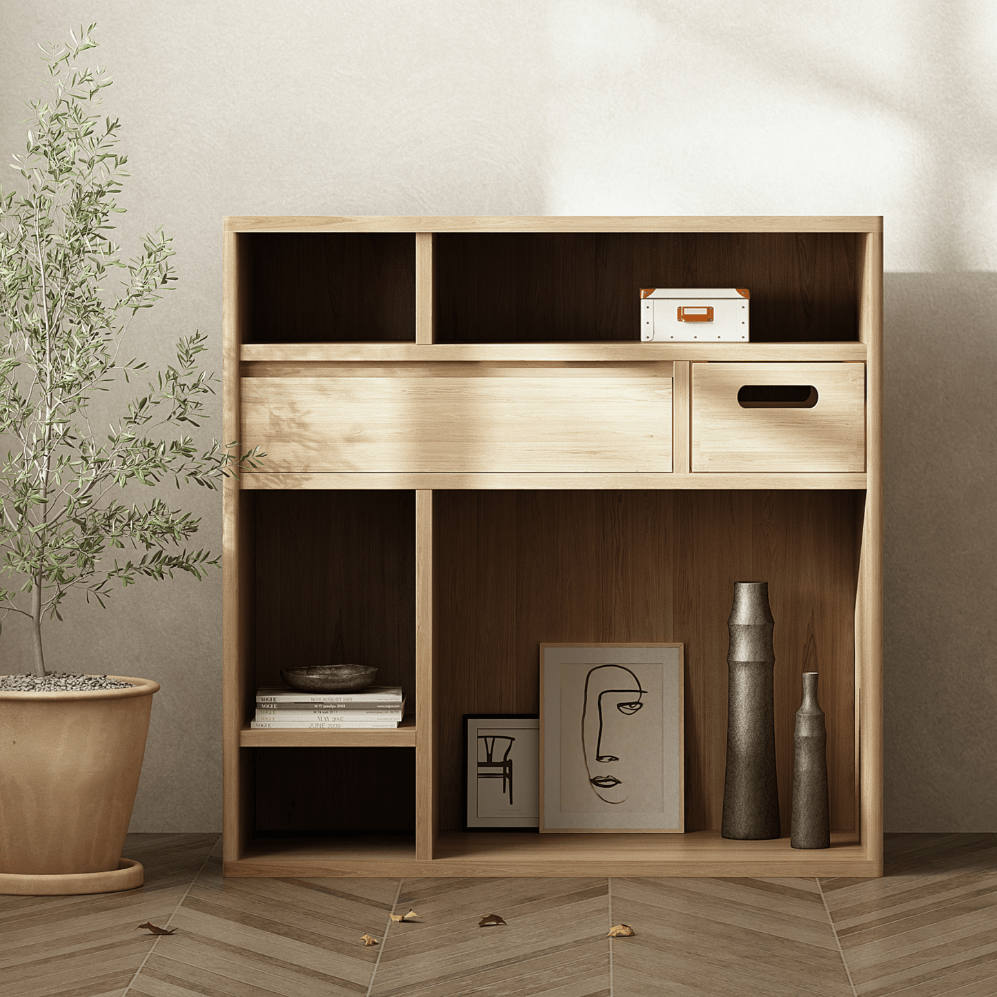 Wooden bookshelf with decorative items.