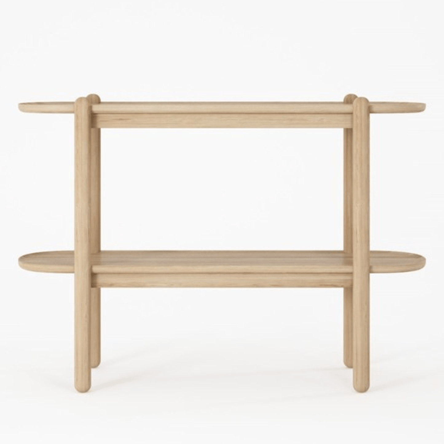 Wooden two-tiered shelf.