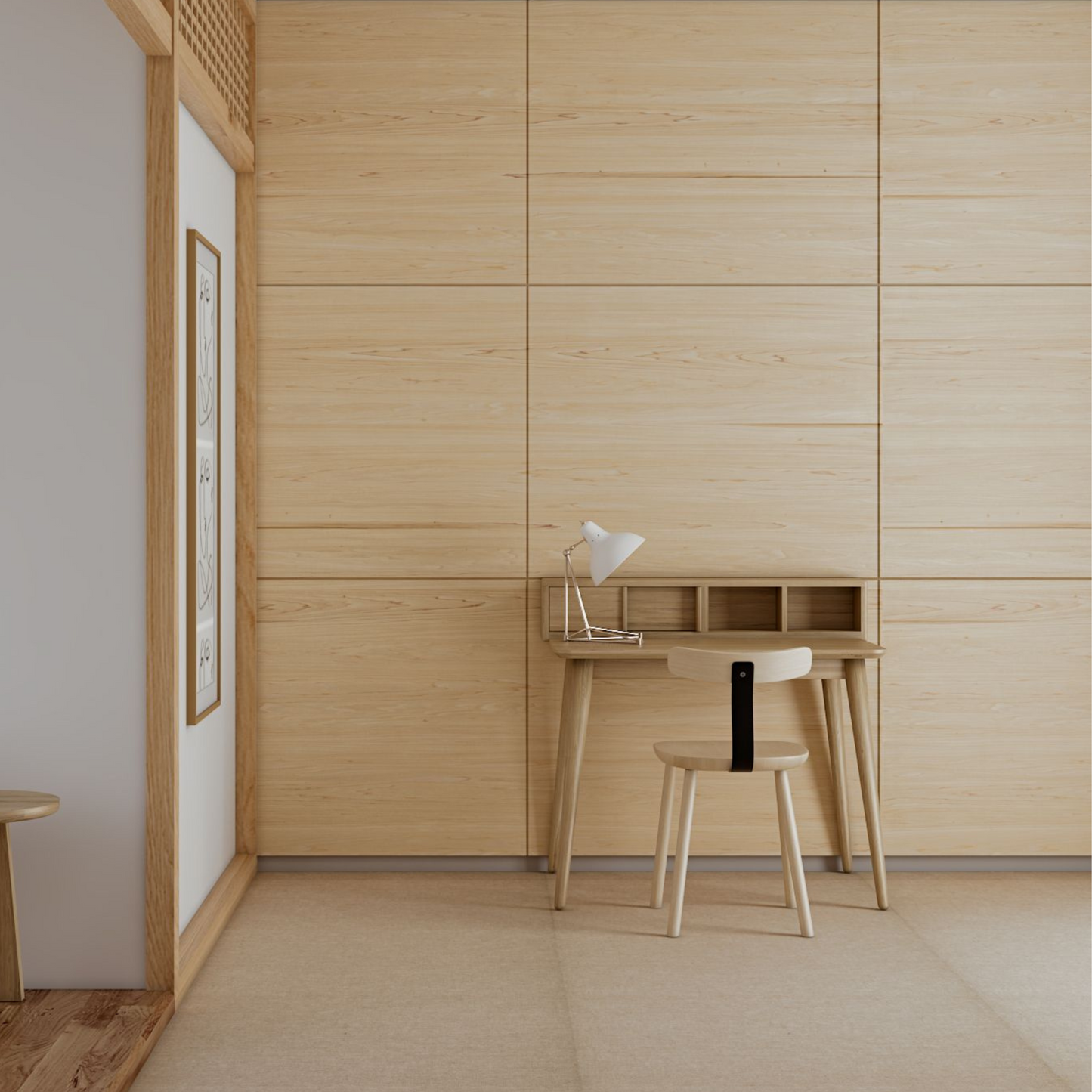 Wooden desk and stool in front of a wood-paneled wall.