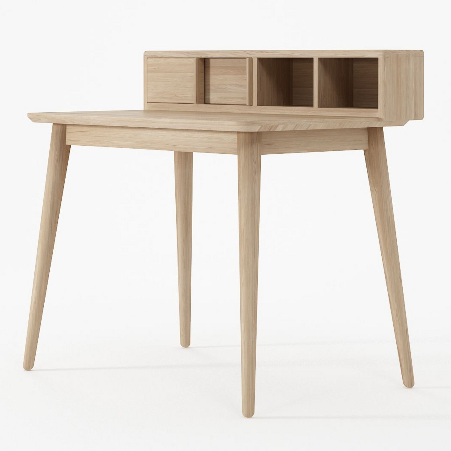Wooden desk with storage compartments.