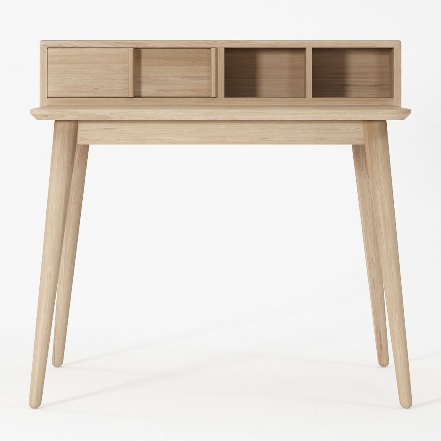 Wooden desk with drawers and angled legs.