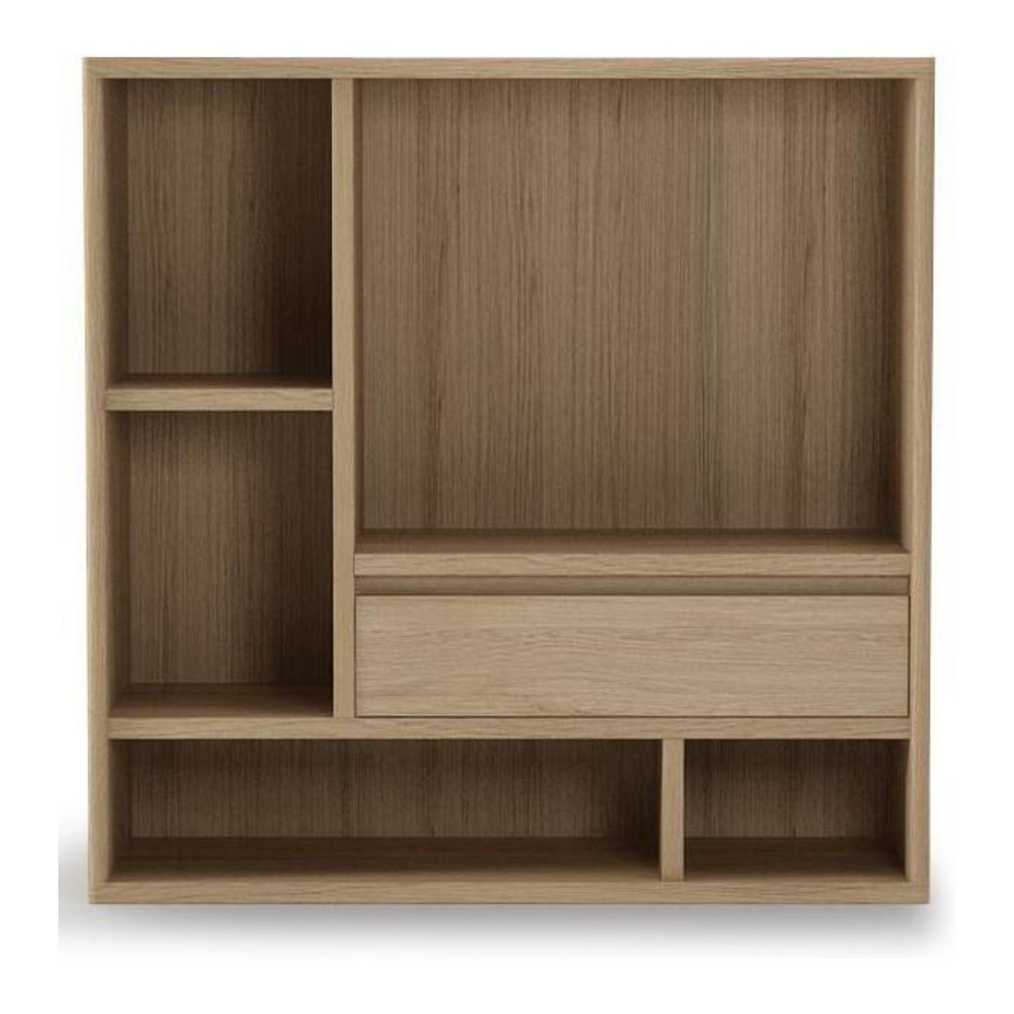 Wooden wall-mounted shelf with multiple compartments.
