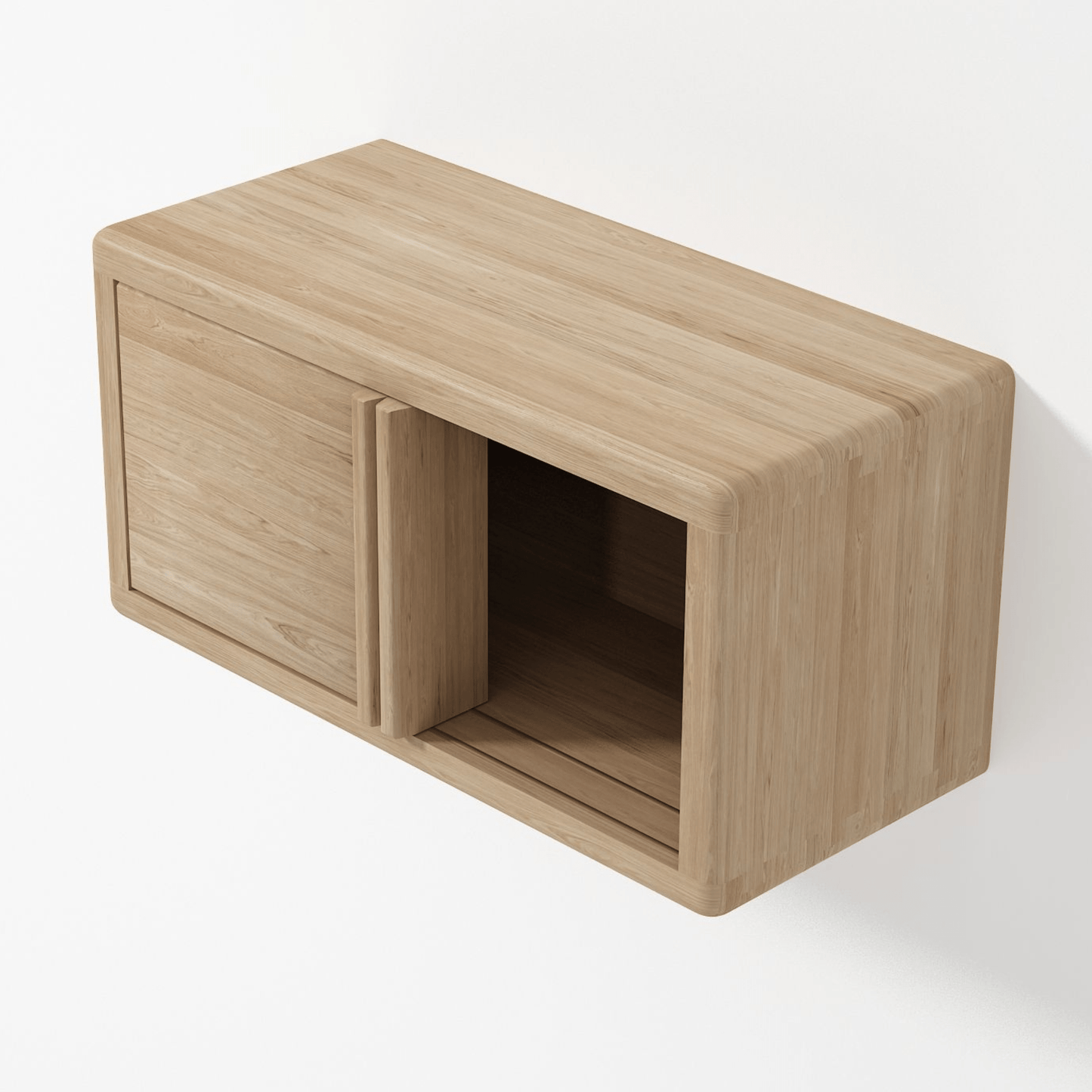 Wooden wall-mounted cabinet with a sliding door and open compartment.