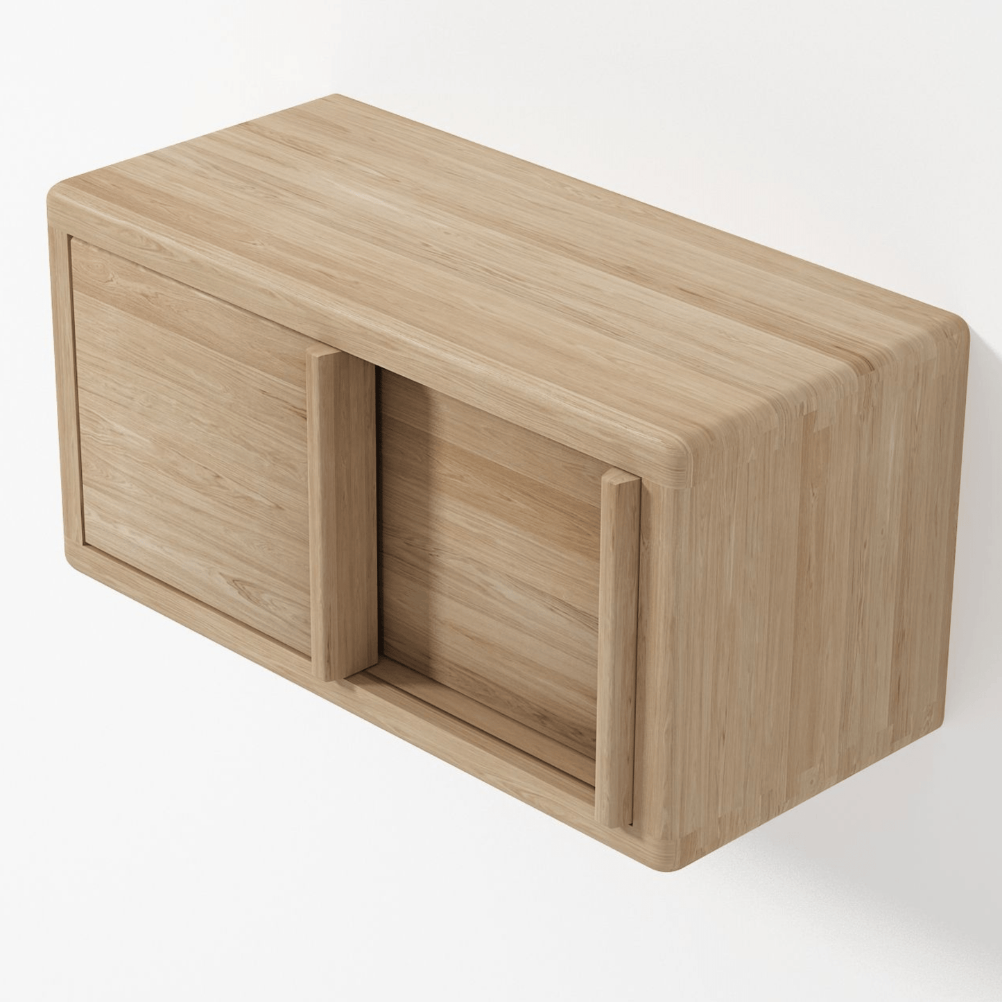 Wooden wall-mounted cabinet with sliding door.
