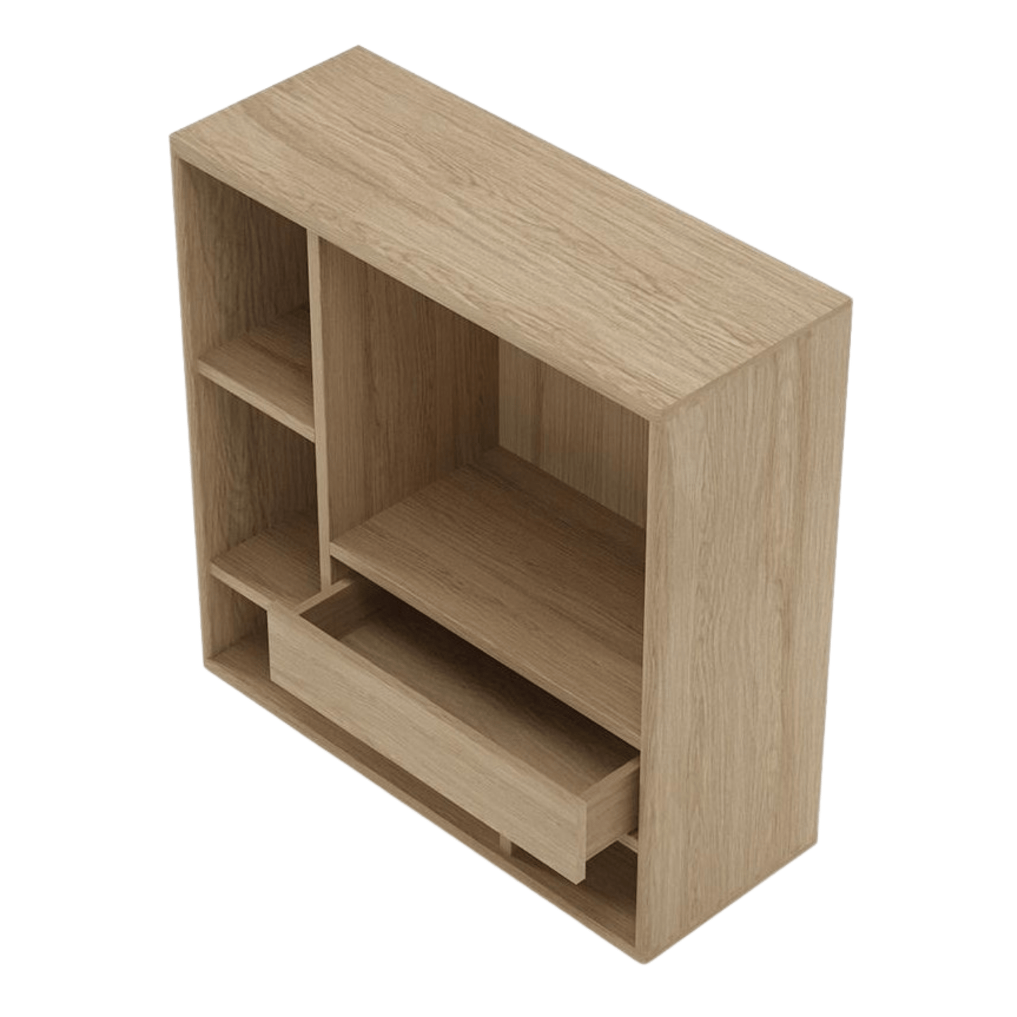 Wooden wall-mounted storage unit with shelves and drawer.