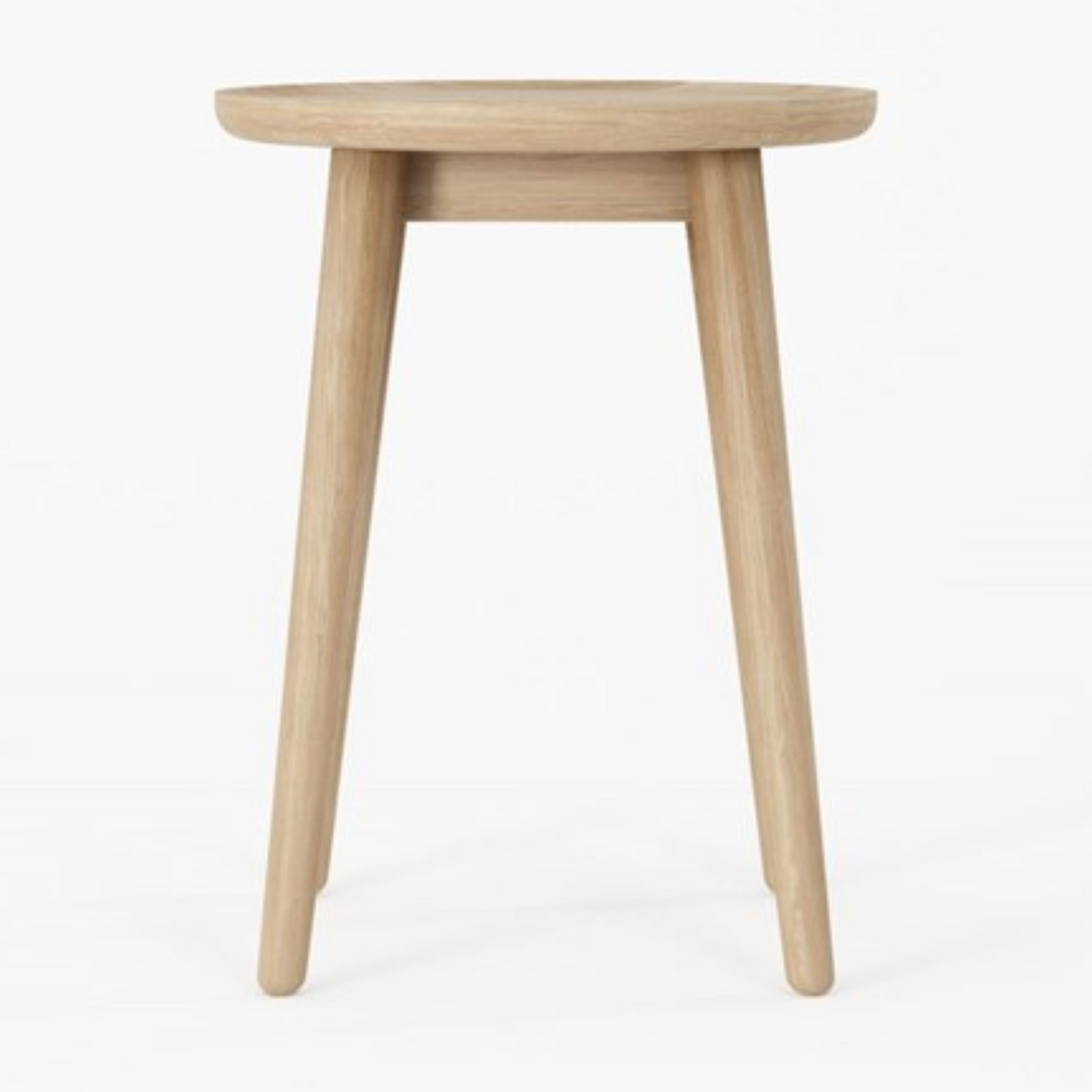 Wooden round side table on white background.