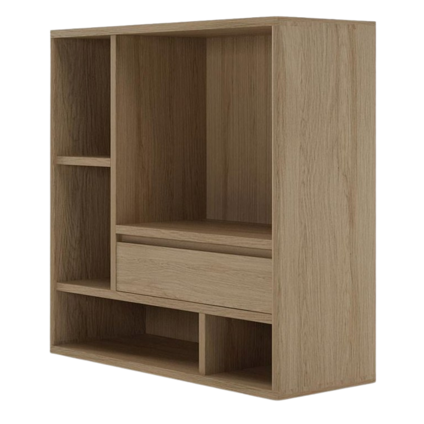 Wooden wall-mounted shelf with multiple compartments and a drawer.